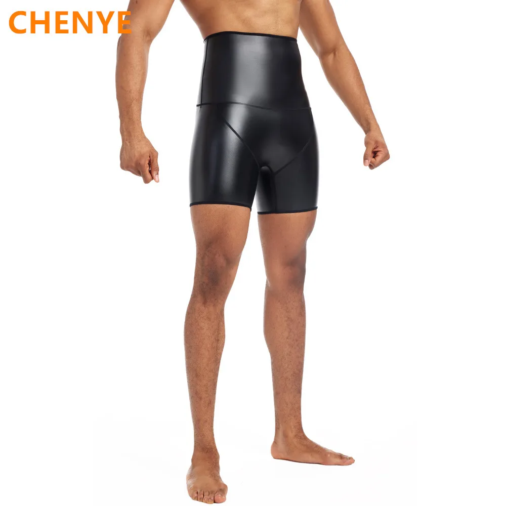 

Мужские модные тонкие эластичные кожаные брюки для фитнеса, формирователи тела, тренажер для талии, компрессионные кожаные шорты с высокой талией для живота