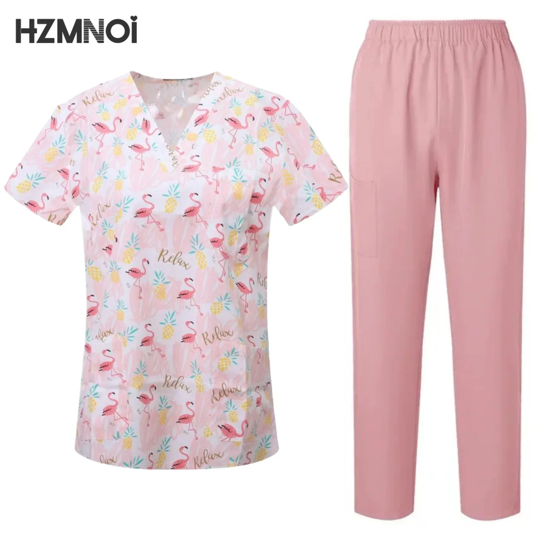 Surgical Uniforms Woman Printing Blouse Pockets Pants Medical Scrub Set Beauty Salon Workwear Clinical Scrubs Top+Pants Spa Suit