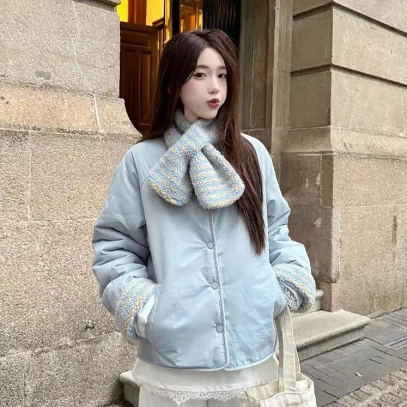 

Casual with Scarf Wearing Cotton Jacket on Both Sides Women's Winter New in Style Thick Warm Loose Short Cotton Jacket Top