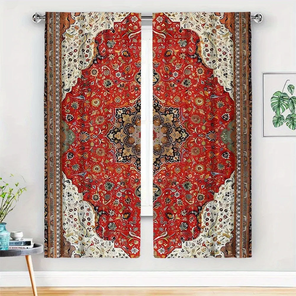 2 Cortinas de Tapicería Marroquí Elegantes en Rojo y Dorado, con Patrón Persa Ornamentado, Decoración de Ventanas de Lujo para Sala de Estar