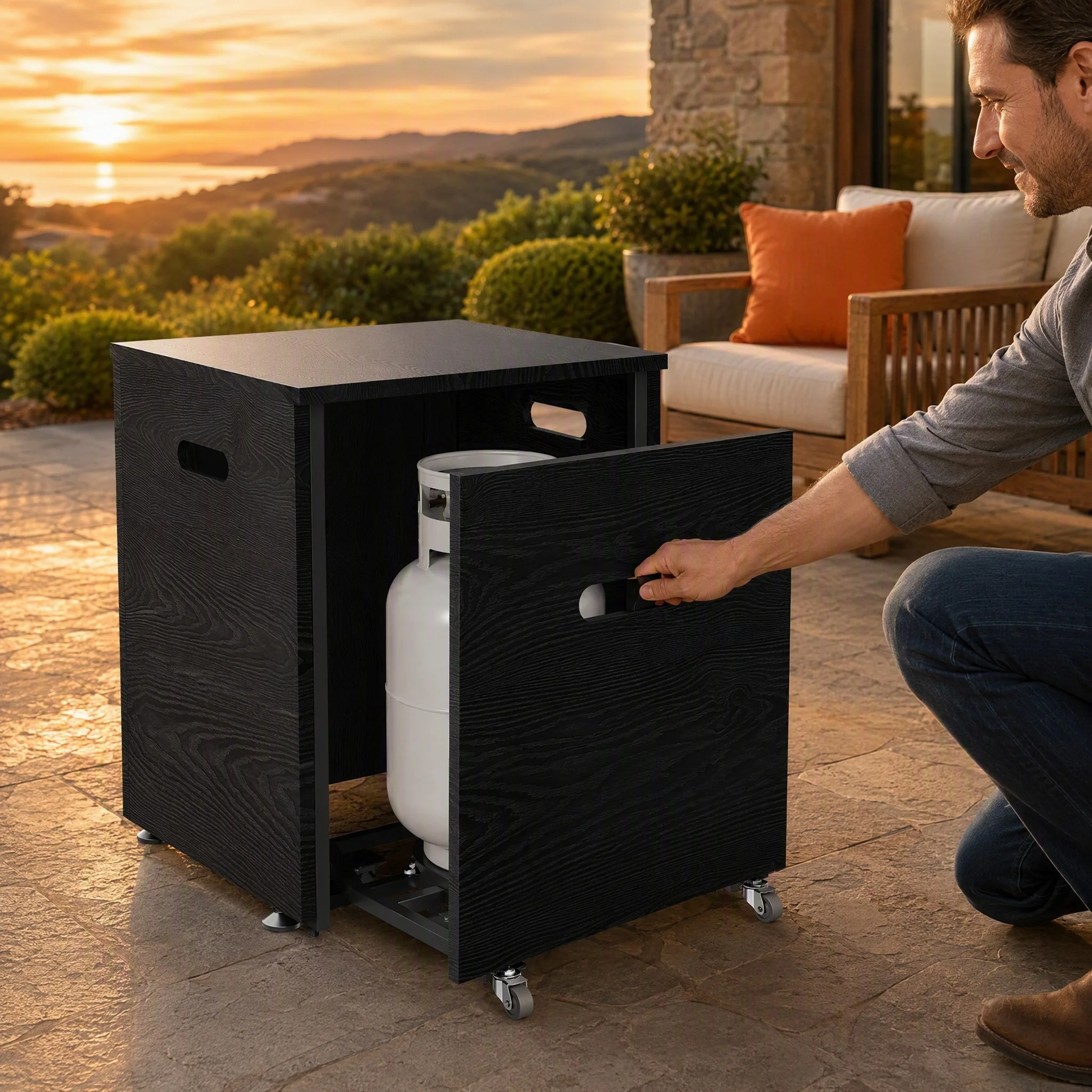 Propane Tank Cover Table with Slide‑Out 4‑Wheel Tank Tray, 20 lbs Propane Tank Holder, Powder‑Coated Rust‑Resistant Steel Side Table with Side Handles & Adjustable Feet for Outdoor Gas Fire Pit Patio Backyard