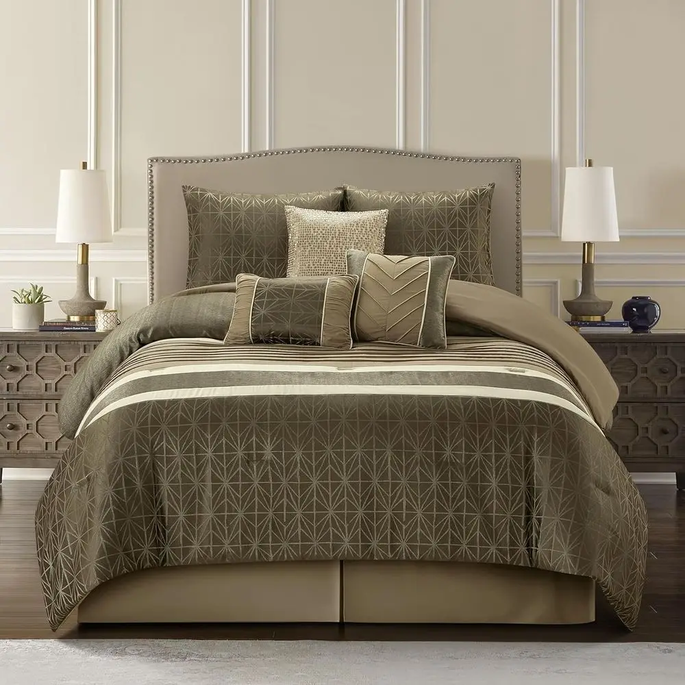 

Taupe Comorter Set Caliornia King Size, 9 Piece Geometric Bedding Set, with Matching Solid Piecework, Bedskirt, Pillows & Shams,
