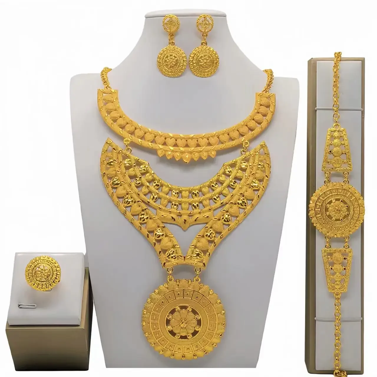 Trendy Dubai Gold Color Jewelry Set For Women Tassel Long Arabic Ethiopian Chain Bridal Necklace Bracelet Earring Ring Sets