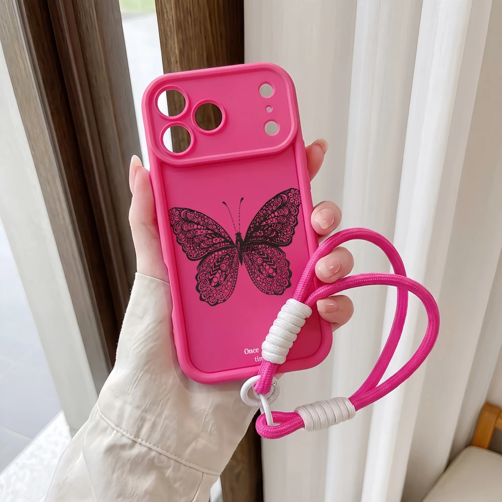 Handyhülle für iPhone 12 13 14 15 16 17 Pro Max 16 15 14 Pro Plus 17E Spitzen-Schmetterling-Lanyard Stoßfeste Matte Silikon-TPU-Hülle – Detail 5