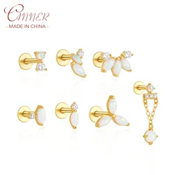 CANNER 1Pc 925 Sterling Silver Crown Horse Eye Opal Stud Earrings For Women 18K Gold Cartilage Spiral Puncture Ins Fine Jewelry