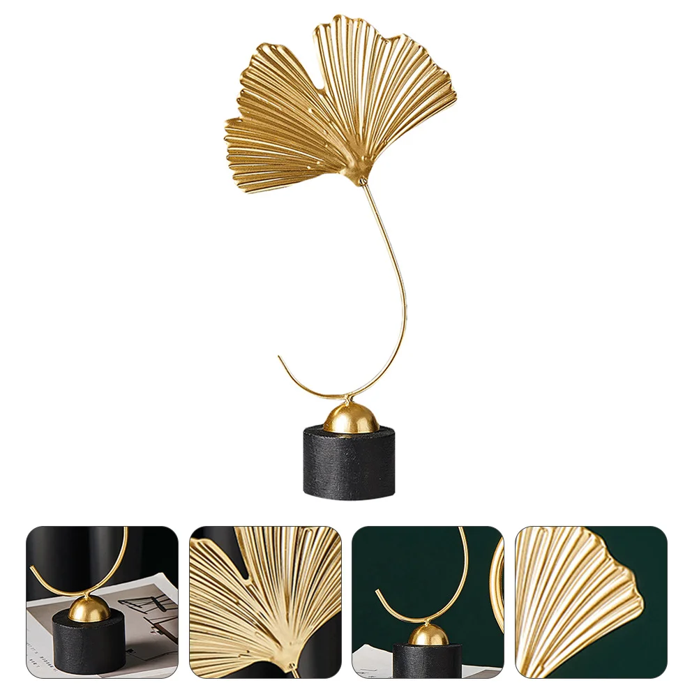 

1 pc Ginkgo Leaf Ornament Metal Solid Wood Base Creative Home Decor Craft Stand For Living Room Office Desktop Decoration