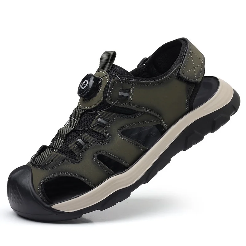 

Casual Outdoor Beach Hiking Headband Sandals for Men Rotating Buckle Summer Hallow Cow Leather Sandals Male Fashion Shoes Male