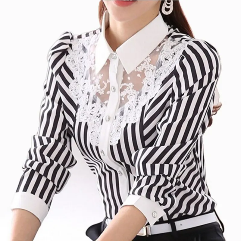 

Women's Striped Lace Long Sve irt V-ne Button Detail Slim Fit OL Sle Polyester Fabric Faionable Office Wear
