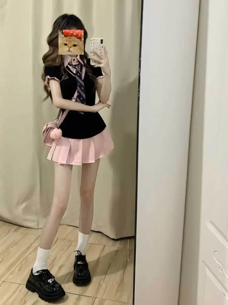 Korea Department Institute Sweet Wind Holiday Two POLO-neck short-sleeved Dress Female Show Thin Waist JK Uniform Pleated Skirt
