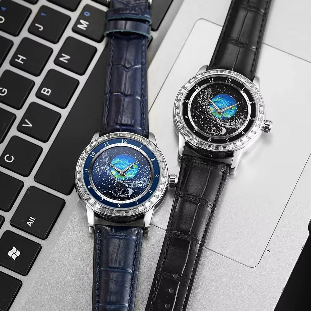 Forsining Luxury Mens Automatic Mechanical Watch Earth Star Moon Starry Milky Way Rhinestone Dial Leather Strap 3 Atm Waterproof