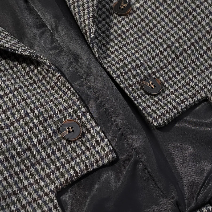 Houndstooth Tweed Blazer Notched Lapel Double Breasted Split Back Irregular Hem Long Sleeve Loose Vintage Suit Jacket 260701