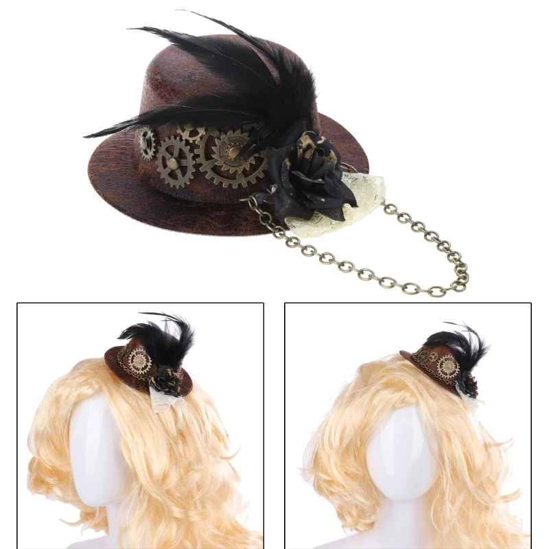 Steampunk Victorian Gears Mini Top Hat Gothic Cap Hair Clip Bowler for Women Halloween Photography Costume Accessories