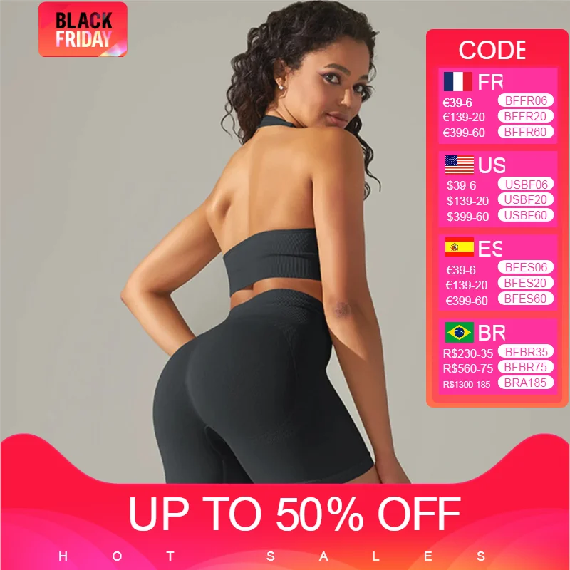 

2 Pieces Seamless Gym Set Women Scrunch Bum Fitness Suit Sports Bra Short Yoga Clothes Open Back Workout Outfits Sportswear