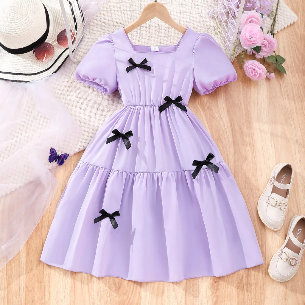 2024 Dress Teens Girl Clothes Summer Short Sleeve 8 9 10 11 12 Years Old Korean Style Casual Bow Tie Party Clothing For Women