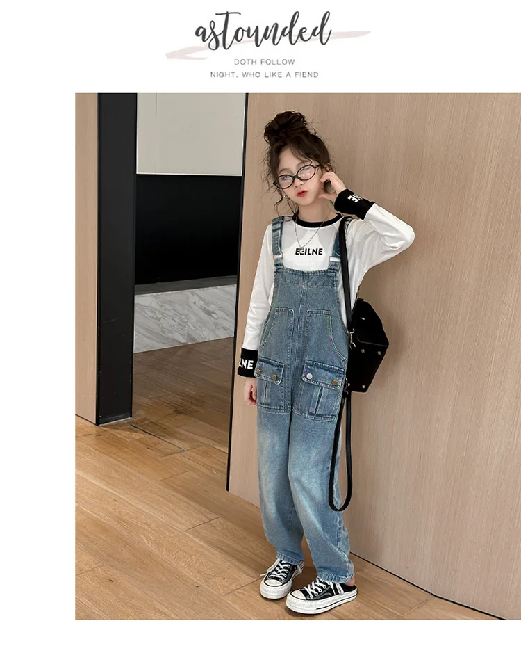 Frühlings- und Herbst-Kinder-Jumpsuit mit Tasche für Mädchen, Jeans-Latzhose, Kinder-Mädchen-Denim-Overalls für Teenager, Latzhose – Detail 5