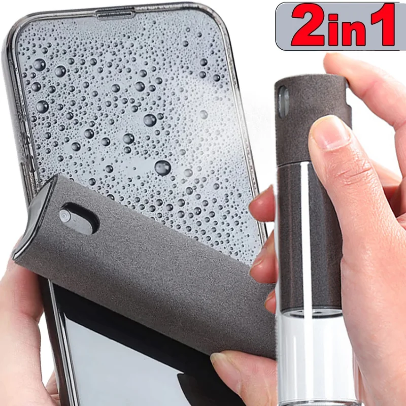 2 In 1 Phone Screen Cleaner Spray Computer Screen Dust Removal Microfiber Cloth Set Cleaning Artifact Without Cleaning Liquid