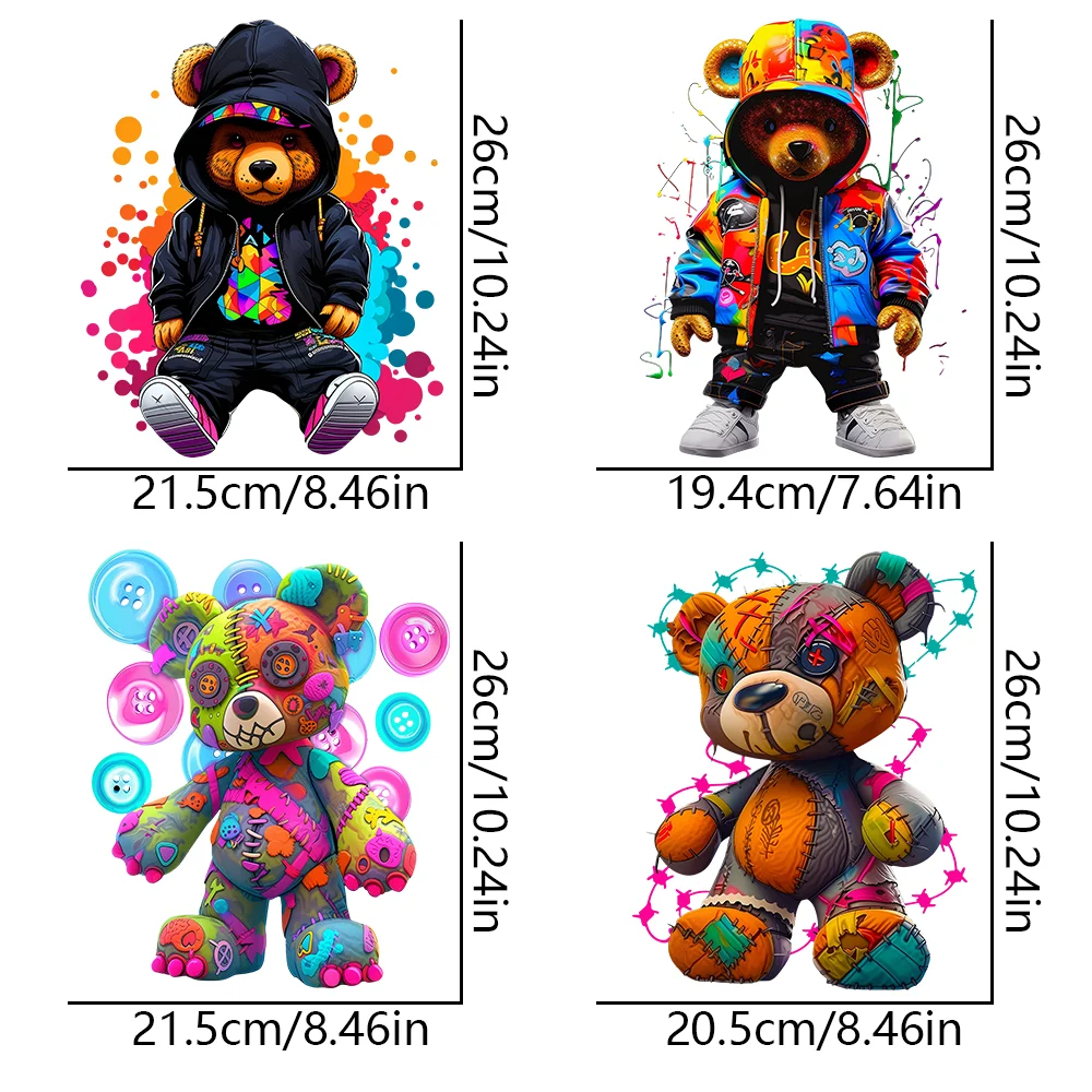 4 قطع من ملصقات نقل الحرارة على شكل الدب الكرتوني العصري، ملصقات نقل الكي DIY، مناسبة للقمصان والجينز وحقائب الظهر والقبعات