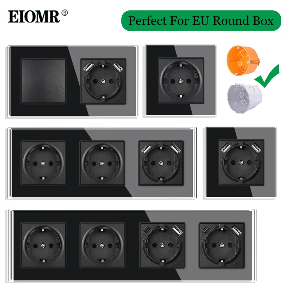 

16A EU Standard USB Type C Power Socket Switch Black Crystal Panel Wall Double Outlet Triple Sockets Mounted Quadruple Outlets