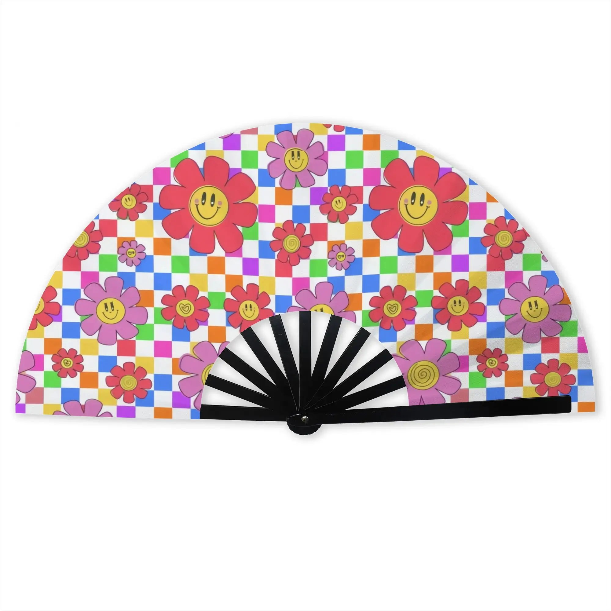 Happy Face Daisies  Checkered   Traditional Folding Fan Colorful Flowers on High-Quality Fans Gift  Decorative Hand Fan