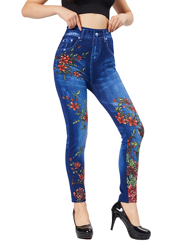 CUHAKCI Flame Flower Print Slim Fit Blue Jeggings Women\'s Casual  Pencil Pants Elastic Fake Pocket Jeans Workout Yoga Leggings