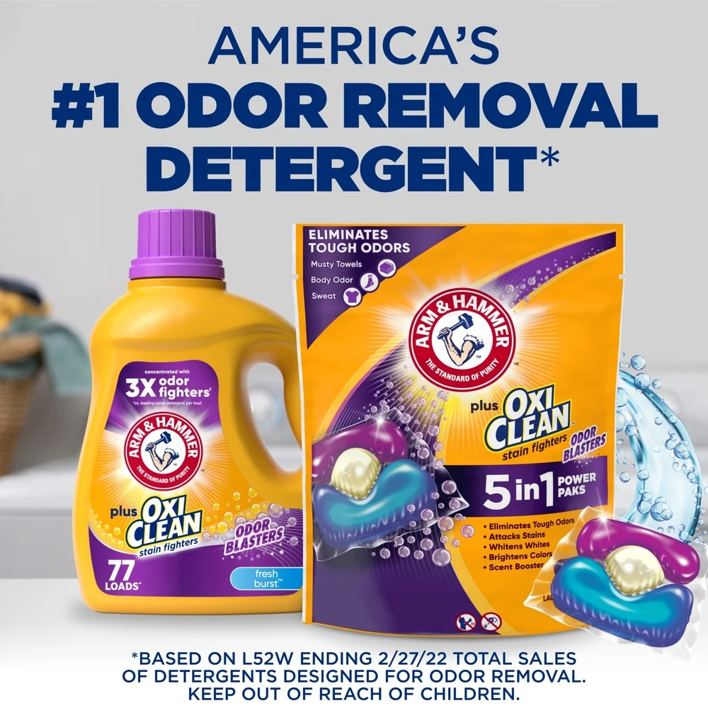5-in-1 Odor Eliminating Laundry Detergent Power Paks 72 Ct HE Stain Remover Fresh Burst Odor Blasters Deep Clean Packs