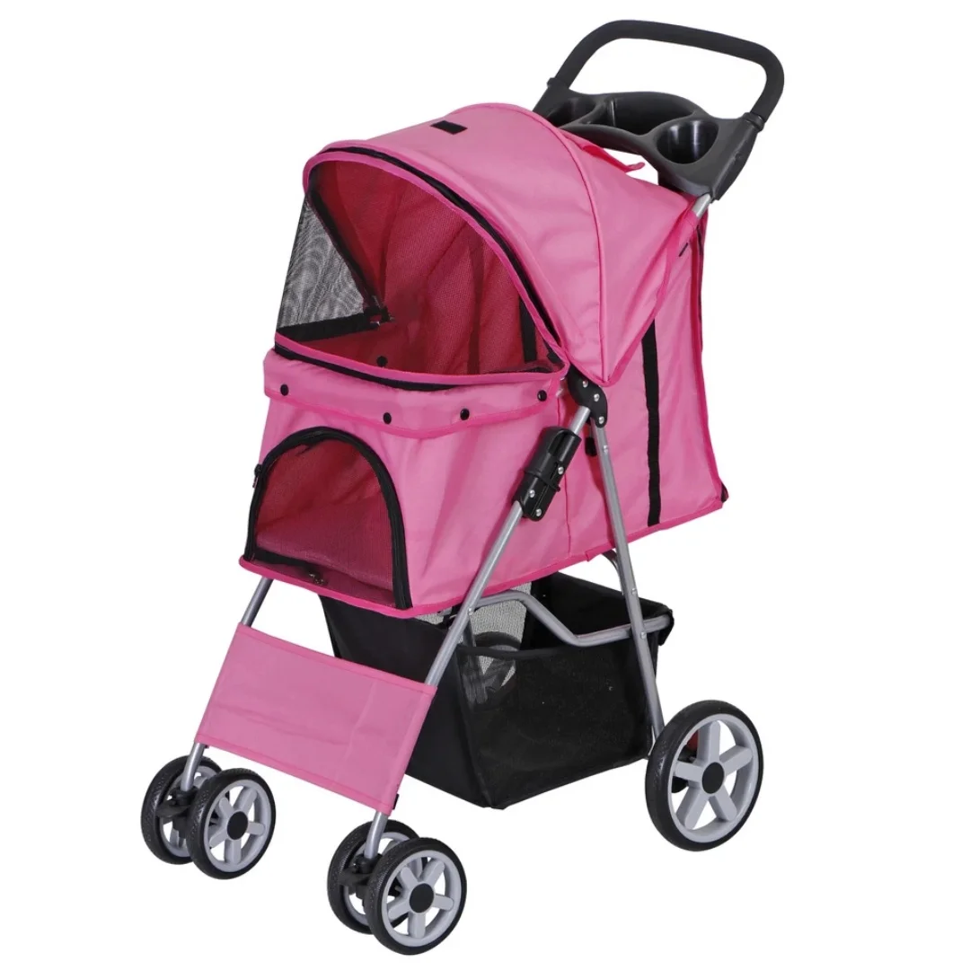 Dog Stroller 4-Wheels w/Storage Basket & Cup Holder Foldable Cat Pet Stroller