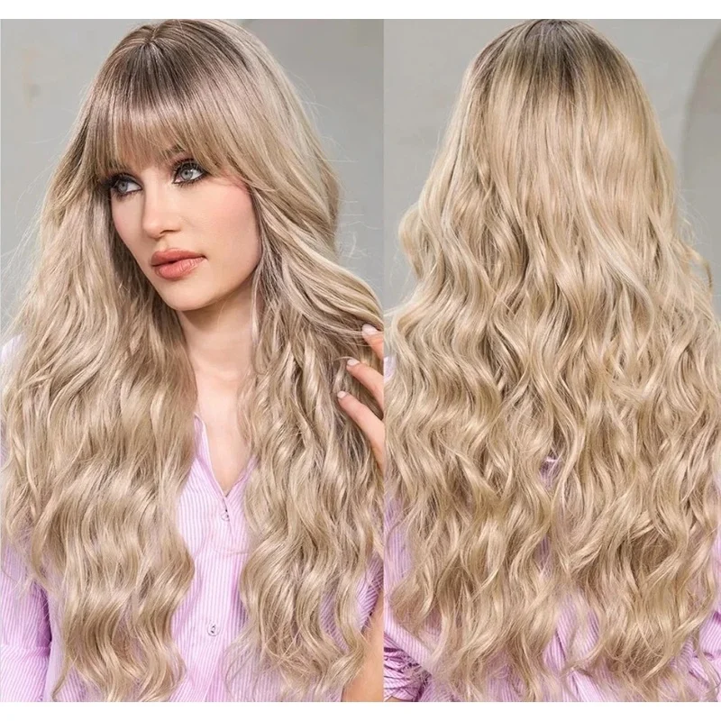 Human Hair New Fashionable Women's Long Natural Brown Mixed Blonde Wave Wig 24 inches