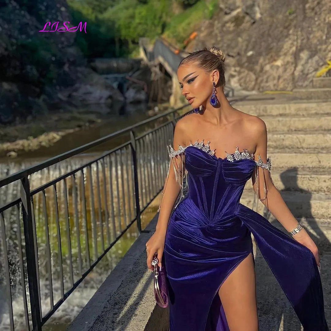 Formal Mermaid Evening Dress Off Shoulder Velvet Prom Dresses Beadings Floor Length Saudi Arabia Party Gowns Plus Size