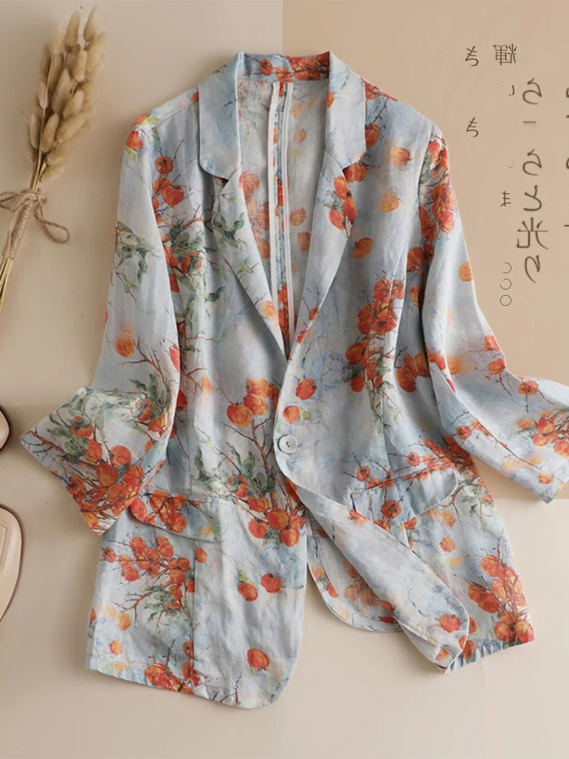 

Женский льняной костюм Jaet, хлопково-льняной однобортный однобортный свободный крой с цветочным узором и принтом, летняя верхняя одежда