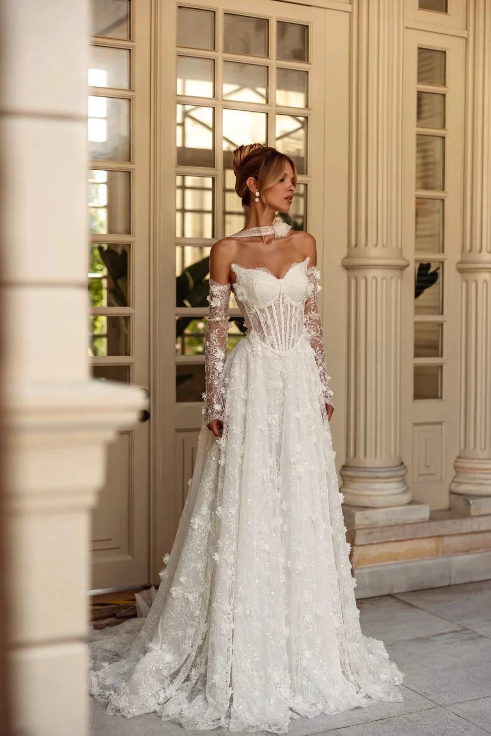 

Индивидуальное кружевное длинное свадебное платье трапециевидной формы с блестками и 3D цветком, свадебное платье со съемными рукавами, платья с вырезом в форме сердца для невесты