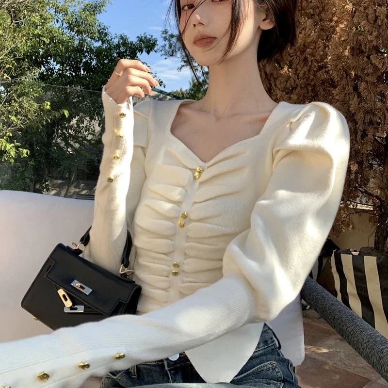 

England Style Sweater Women New Slim Square Collar Casual Puff Sleeve Korean Button Solid Pullover Sweater