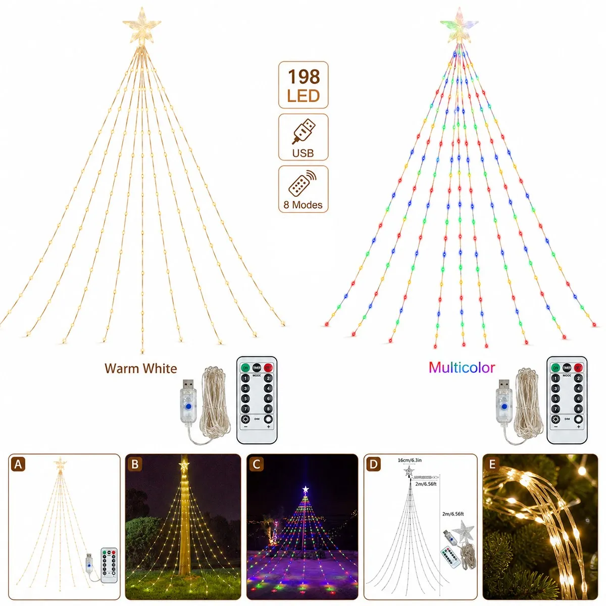 1pc 198LED USB Powered Star Waterfall Tree Lights Xmas Tree Fairy Lamp with Remote Contorl For Park Holiday Christmas Decoration