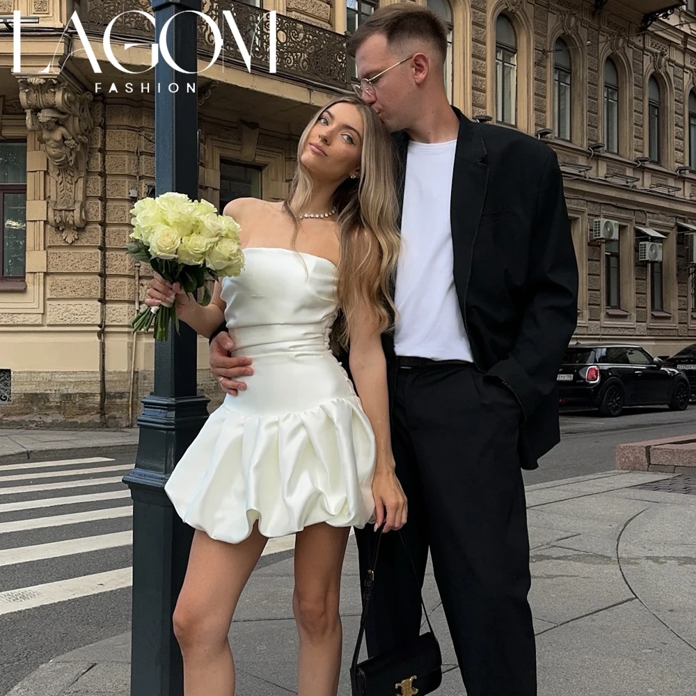Lagom Vintage Women Strapless Mini Wedding Dress White Satin Bubble Hem Civil Wedding City Photoshoot Vestido De NoviaCustomized