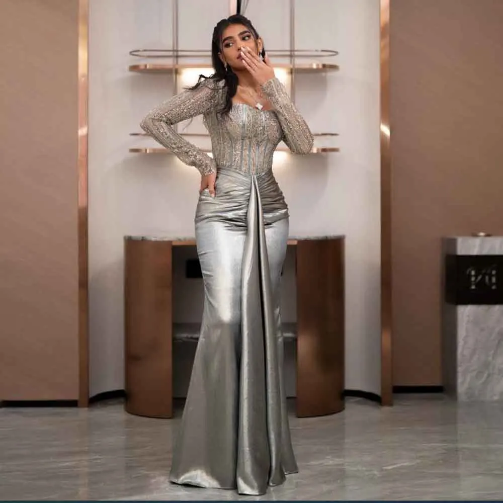 

Customized Shiny Sequin Evening Dress Sweetheart Long Sleeve Birthday Dresses for Women Beading Fitting robes de soirée