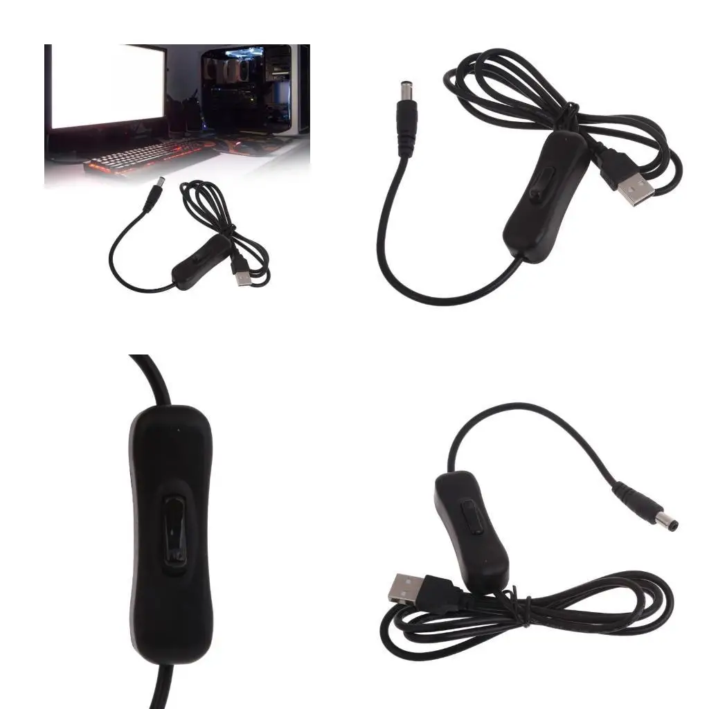 

652F 5V Universal Power Cable USB to 5.5x2.1mm Charging Cord Adapter with Switches for Webcam Router Recorder