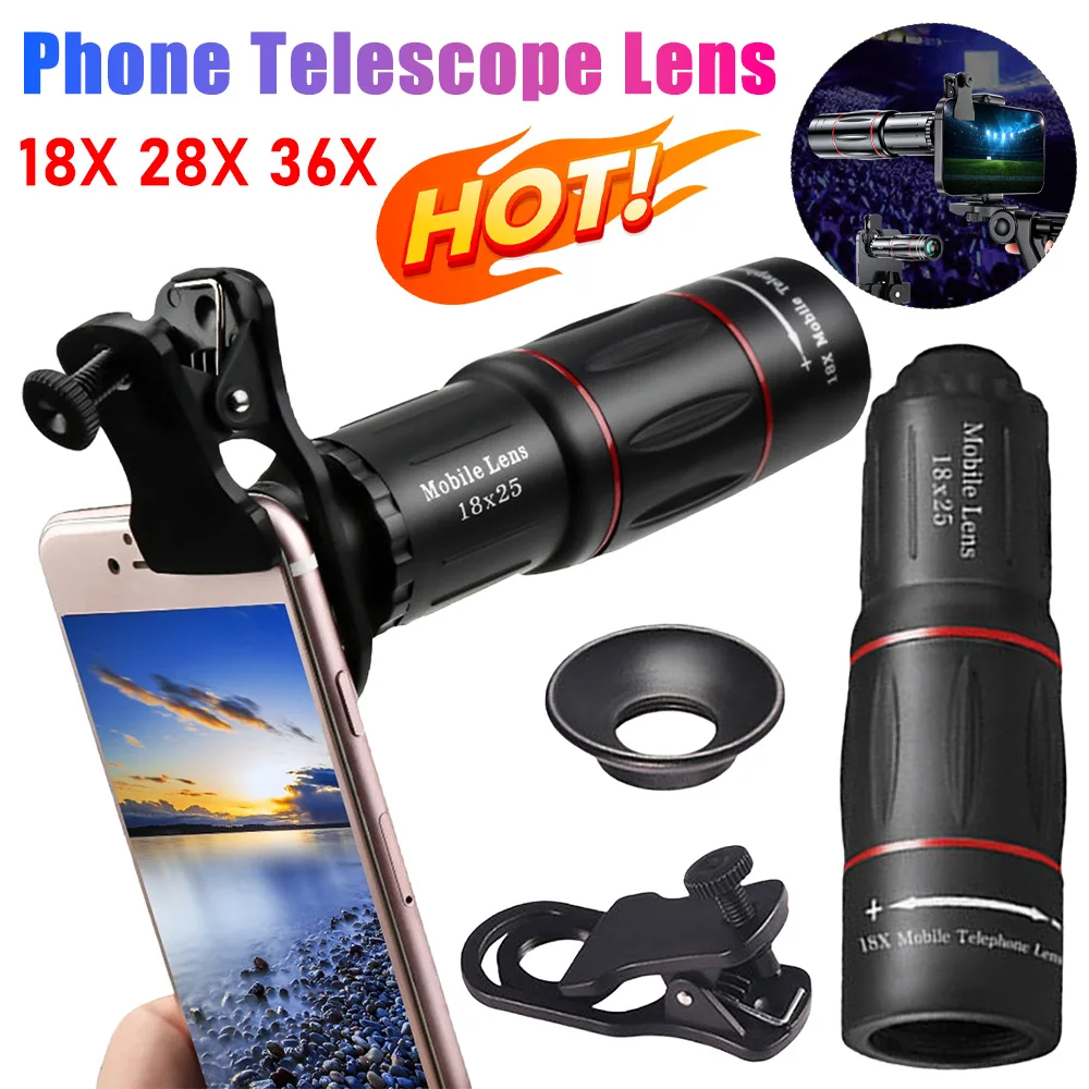 

Объектив для камеры мобильного телефона 18/28/36X, монокулярный телескоп с зажимом, телефонная камера, телеобъектив для кемпинга, охоты, спорта