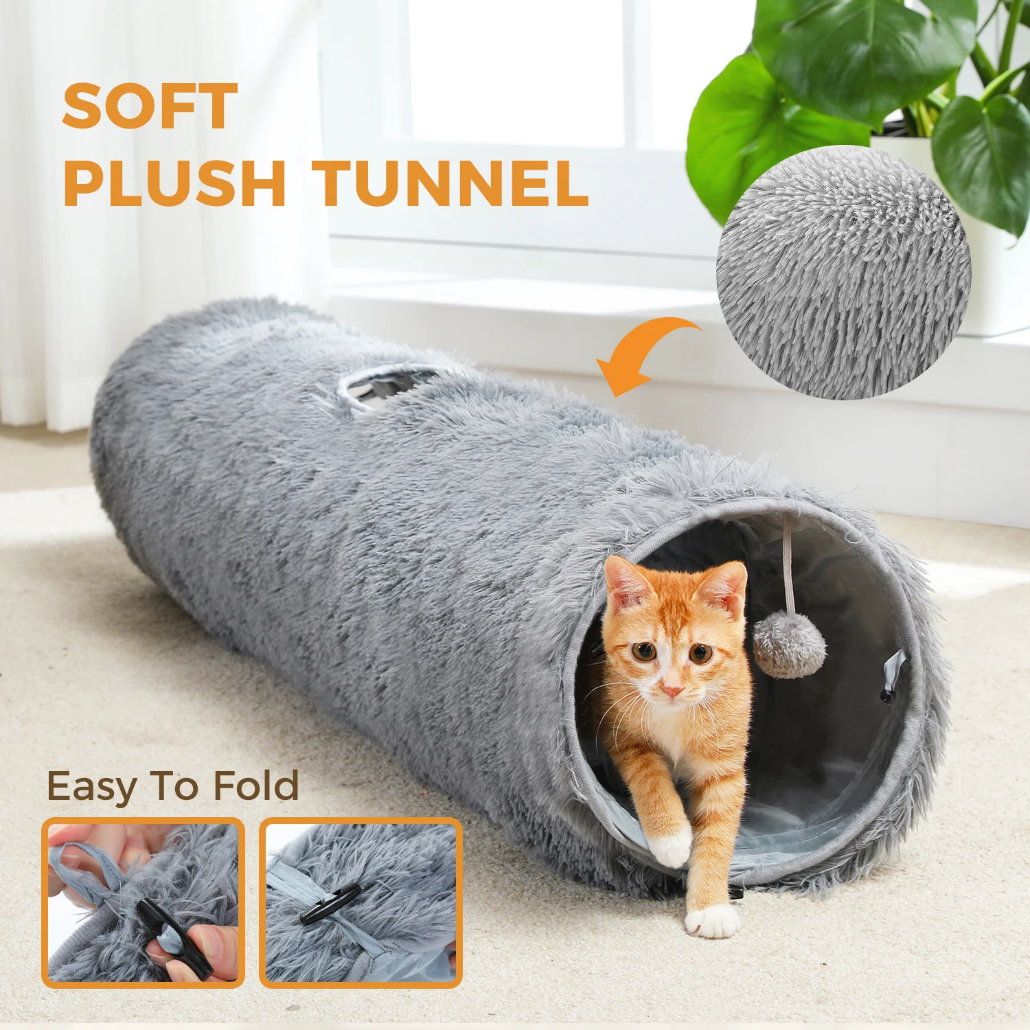 Large Cat Tunnel, 44.9 Inch Long Collapsible Cat Tube, 9.8 Inch Diameter, Collapsible Fluffy Plush Cat Toy