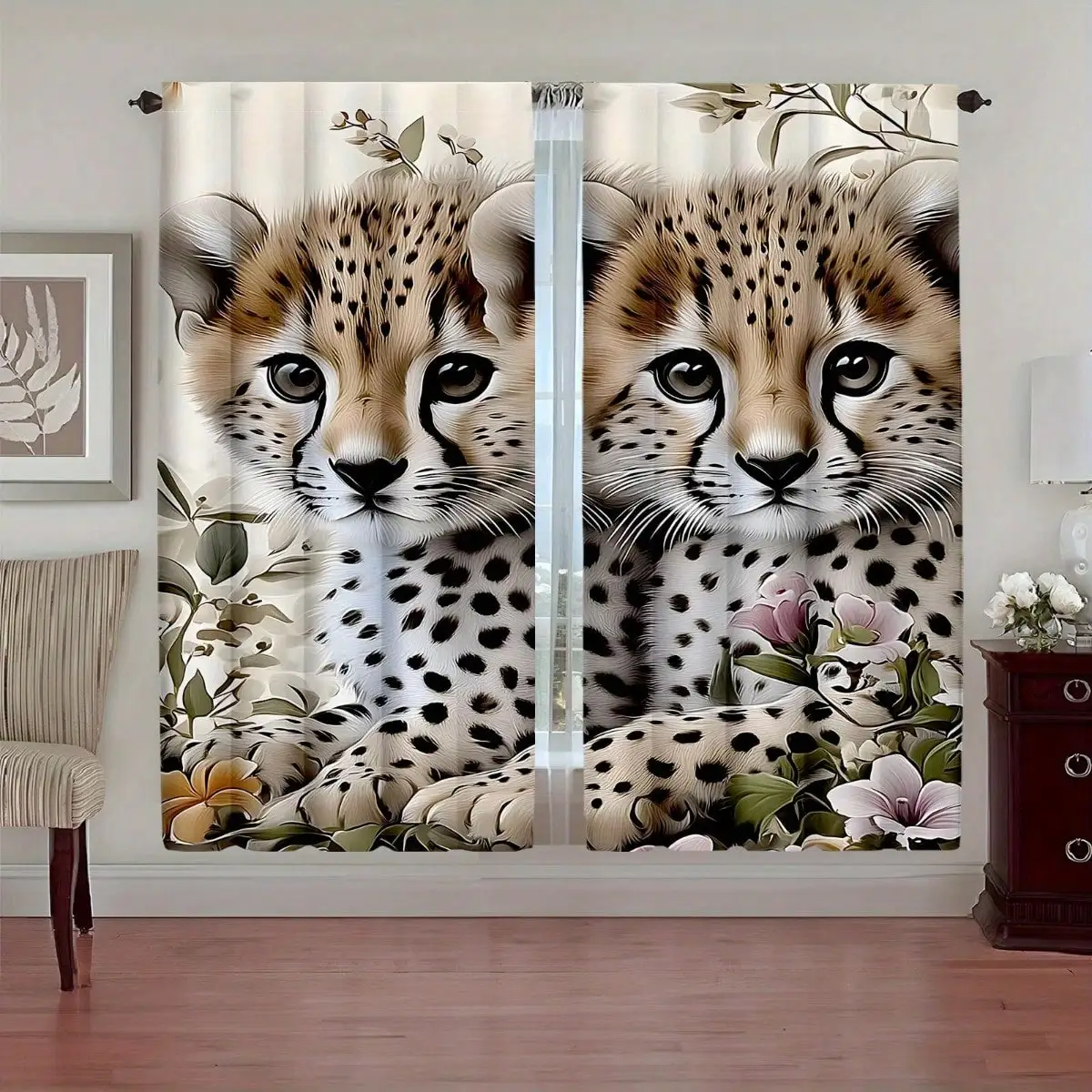2pcs Leopard Cub Print Rod Pocket Curtains - Stylish Light Blocking Window Treatment With Vibrant Floral Design For  Bedroom