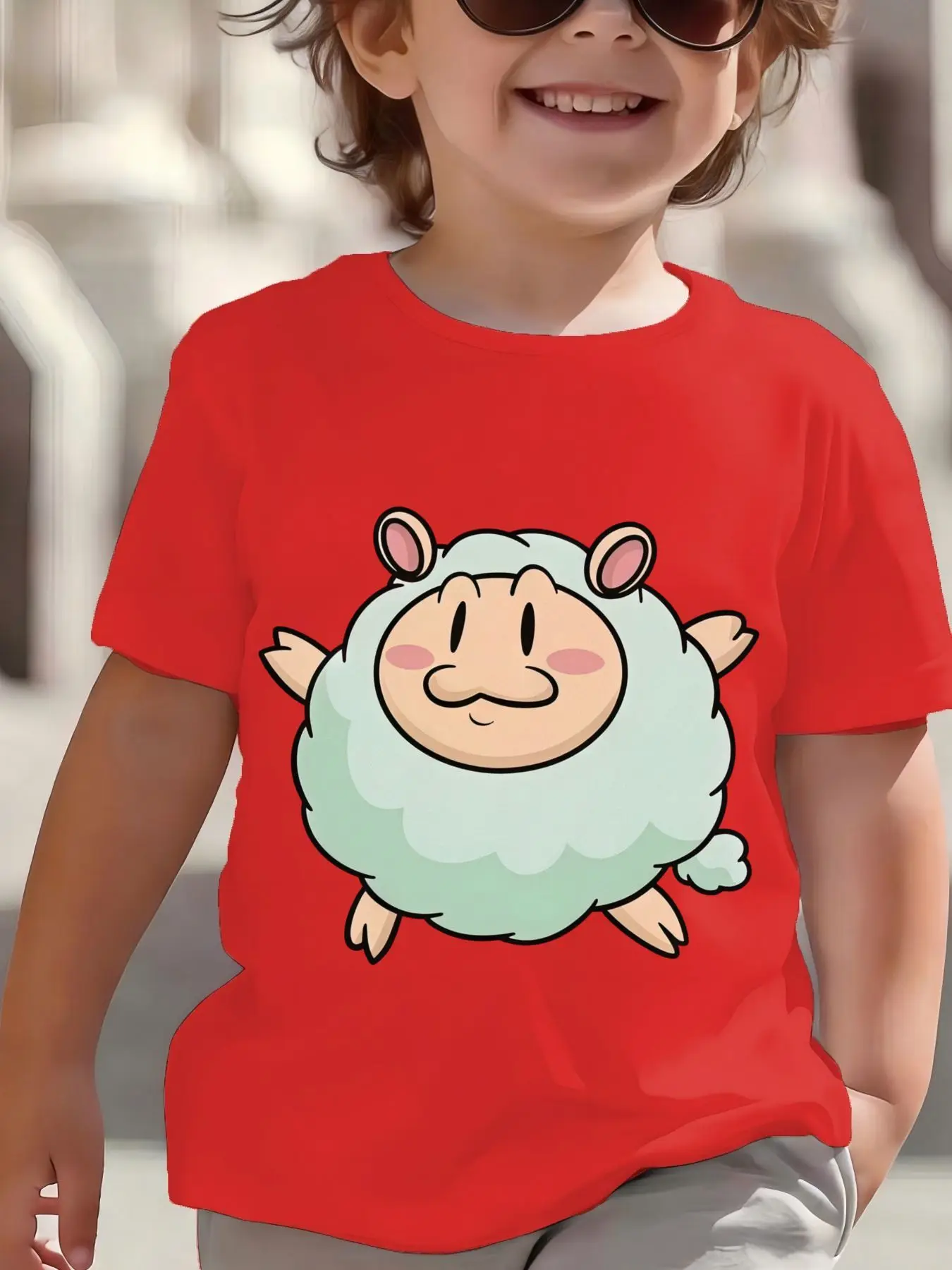 Cute Fluffy Light Green Cartoon Sheep Farm Animal Graphic Print T Shirt Family Matching Boys Girls Kids Casual Short Sleeve Tops