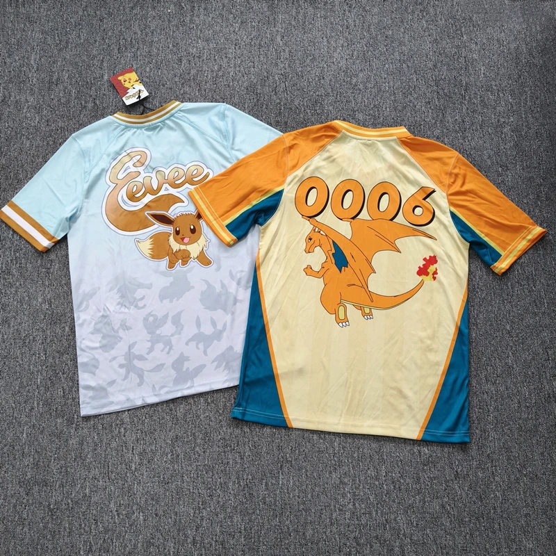 

Miniso Pok é mon Peripheral Quick drying Large Short sleeved Cartoon Eevee Spray Fire Dragon Men's T-shirt