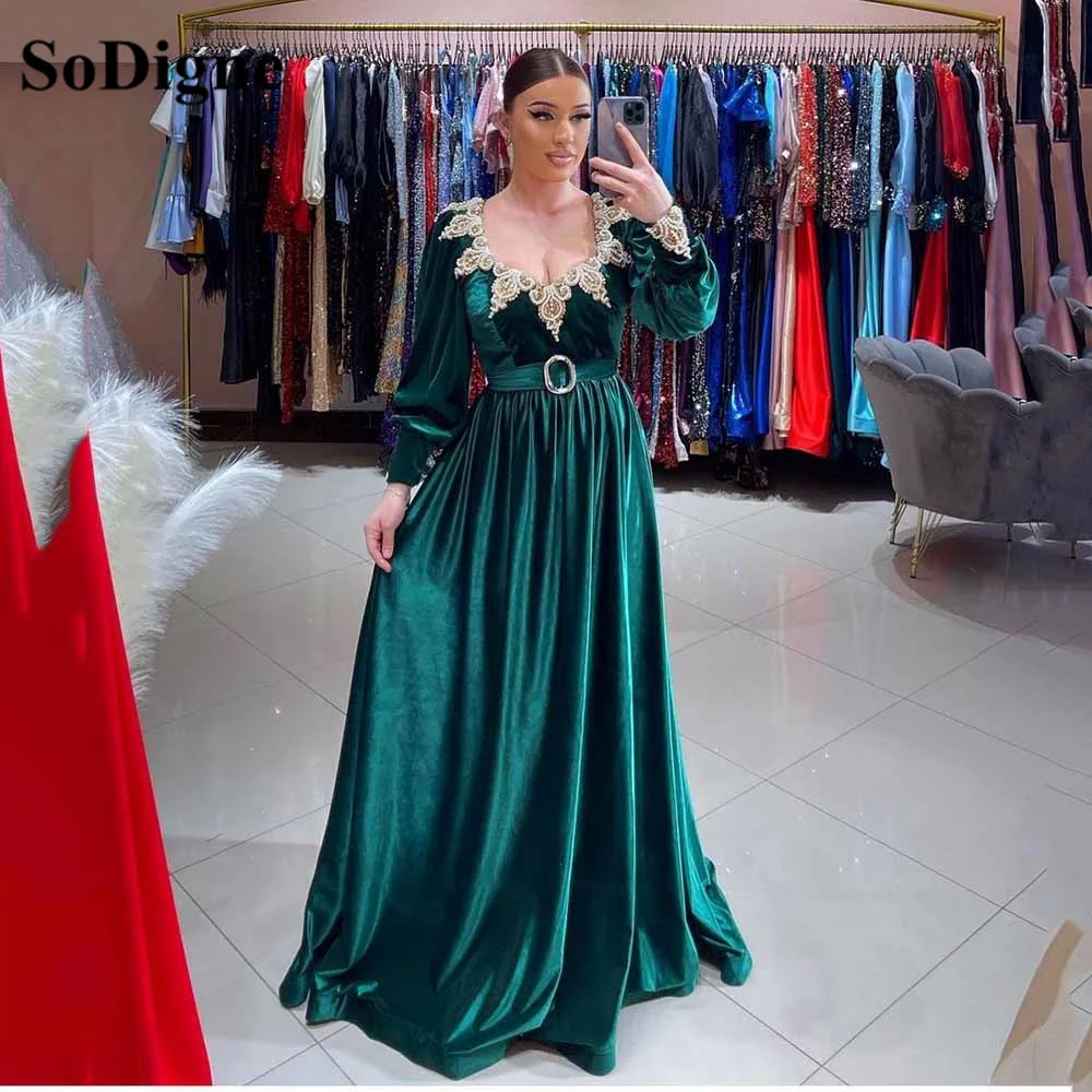 

SoDigne Green Velour Evening Dress For Wommen Party Occasion Dress Beads Lace Square neck Prom Dress Long Sleeves Formal