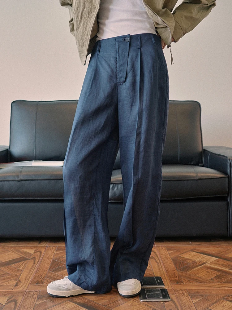 [EAM] High Waist Navy Linen Pleated Thin Wide Leg Pants New Loose Fit Trousers Women Fashion Tide Spring Summer 2024 1DF9943