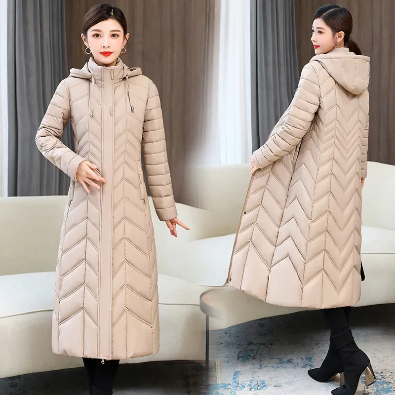 

Mom's Long Down Cotton Jacket 2025 Winter New Fashion Drawstring Slim Hooded Coat Warm Parker Overcoat Female Casual Jackets
