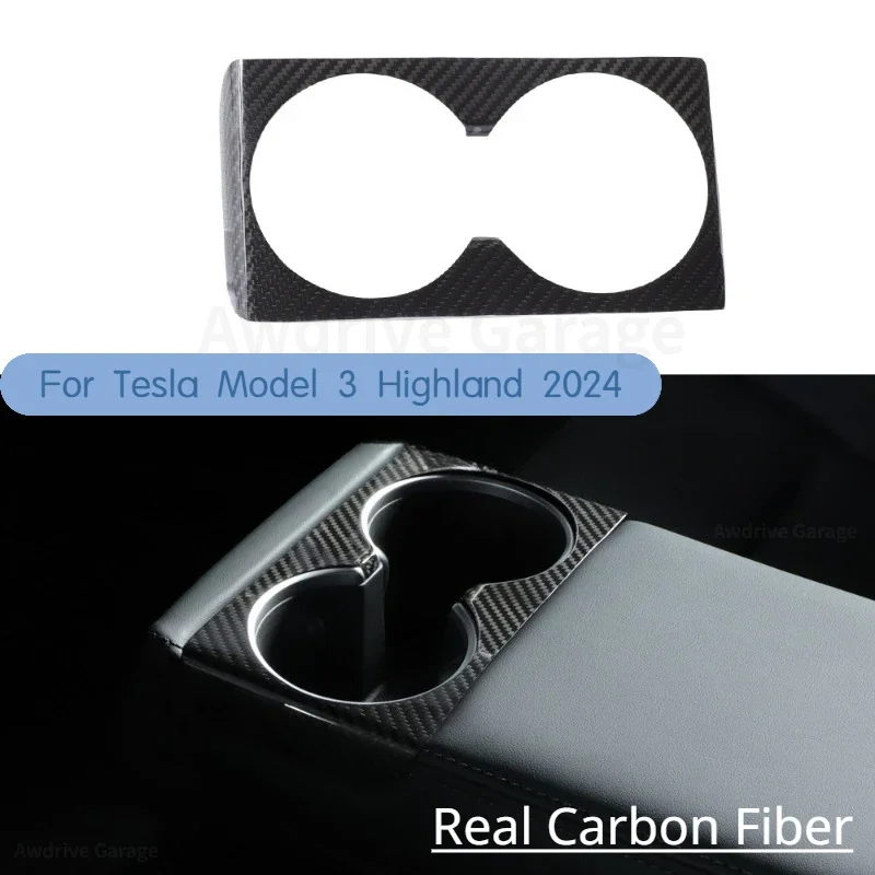 Real Carbon Fiber Cup Holder para Tesla, frente e traseira Water Cup Cover, Painel Adesivos, Acessórios do carro, New Model 3, Highland, 2024