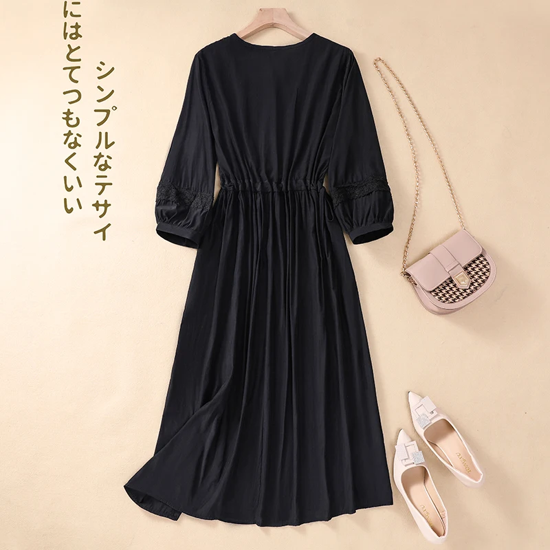 Damska letnia spódnica maxi w kształcie litery A z koronkowym wstawką, dekoltem w serek, rękawami 3/4, sznurowaniem w talii i dużym rozmiarem.