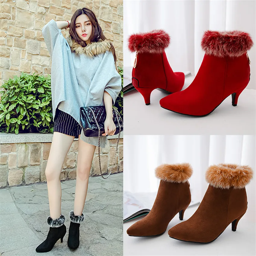 Winter Fur Ankle Boots Women High Spike Heels Red Black Flock Warm Plush Casual Office Party Lady Pointed Toe Zipper Short Boots