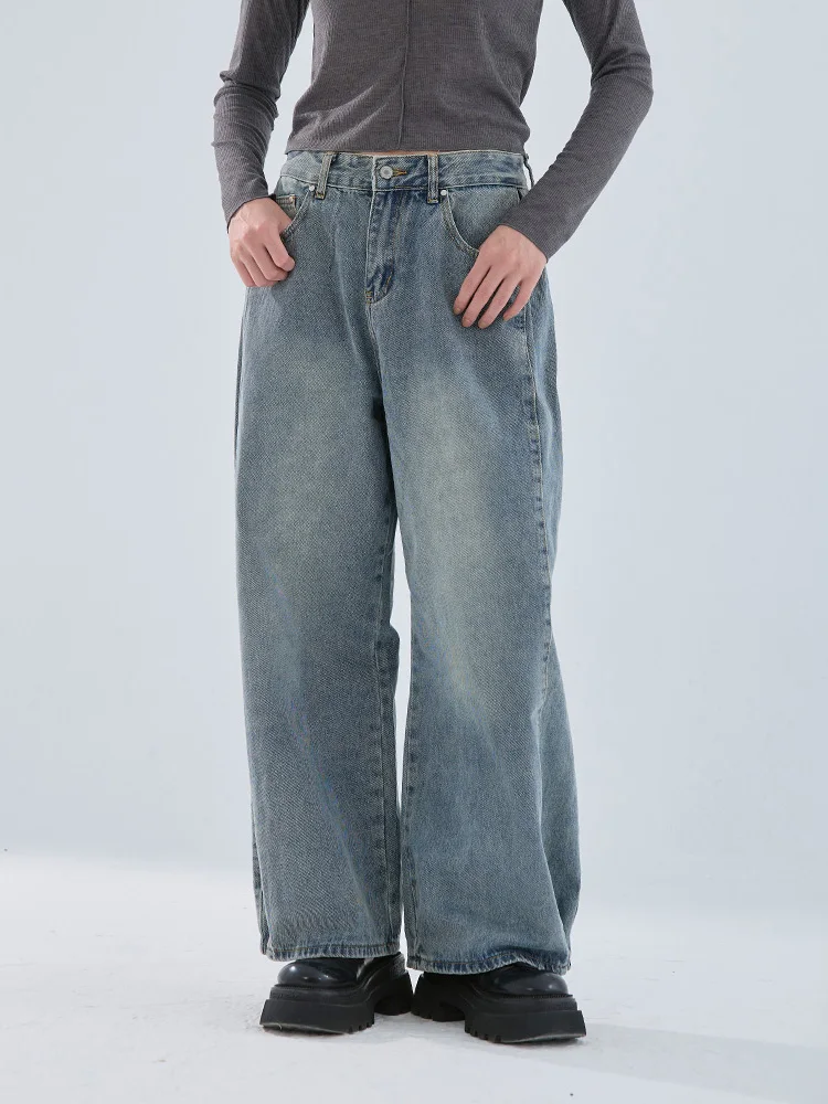 

QUEENOP Neutral Pleated Metal Bule Denim Jeans Women's New Autumn Winter Cotton Straight Leg Casual Trousers