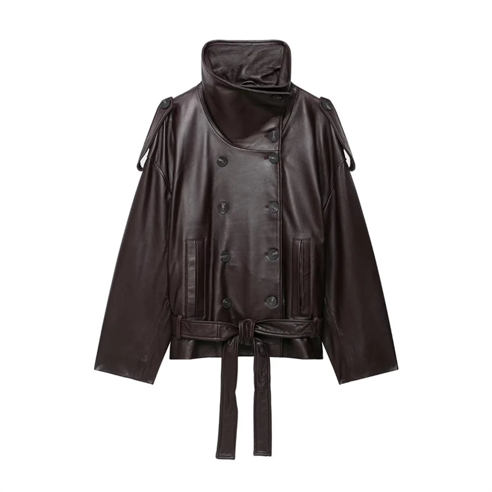 Guobioziy Women's Jacket 2026 Fall/Winter New Fashion Retro Versatile Long-Sleeve Stand Collar Leather-Effect Jacket with Belt