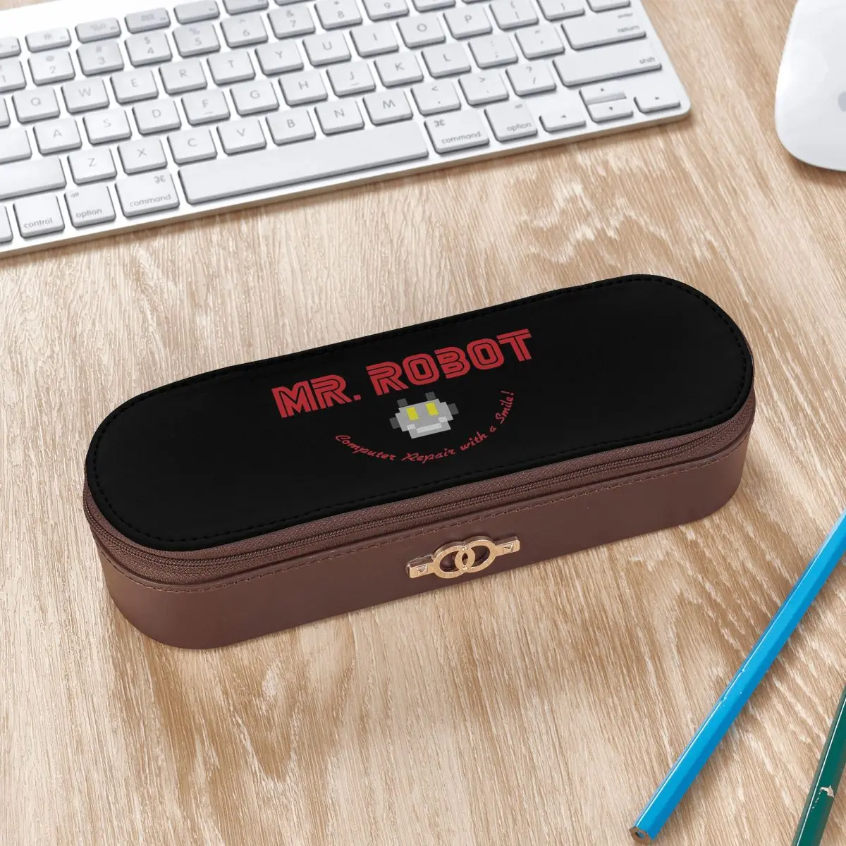 Mr Robot Logo F Society Hacker Leather Pencil Case Pencil Pouch Storage Stationery Supplies Pen Box Pencil Bag for Kids School