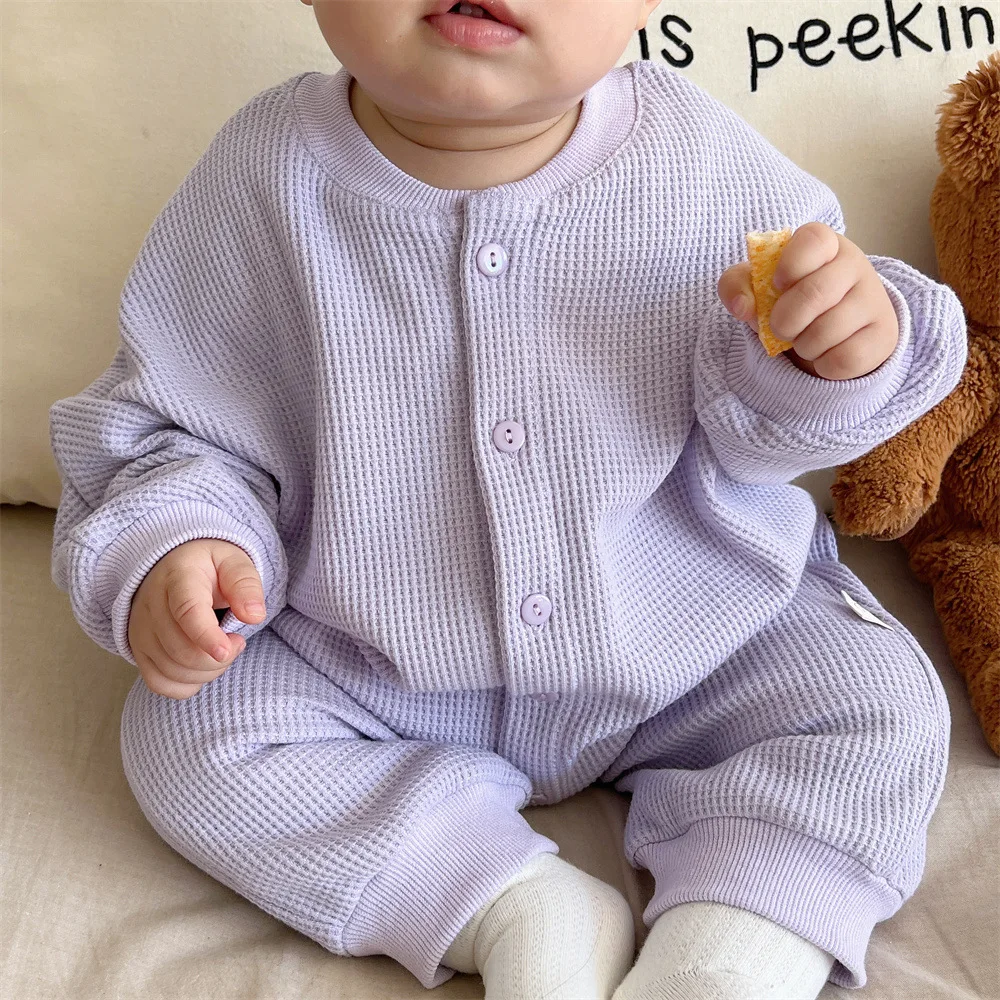 MILANCEL New Autumn Baby Rompers Infant Solid Waffle Simplicity Jumpsuit Boys Outwear